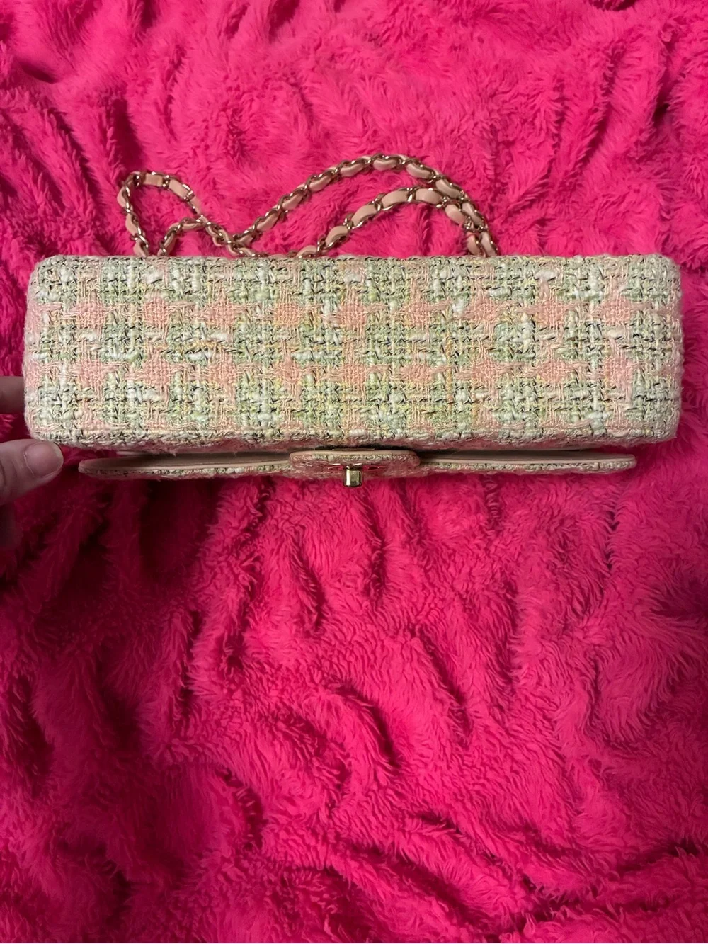 CHANEL Pastel Pink and Cream Tweed Shoulder Bag with Gold Chain